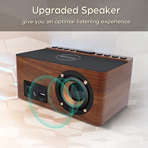 ANJANK Wooden Digital LED Alarm Clock FM Radio, Fast Wireless Charger Station for iPhone/Samsung Galaxy, 5 Level Dimmer, USB Charging Port, 9 Sounds, Sleep Timer for Bedroom, Bedside, Desk 5