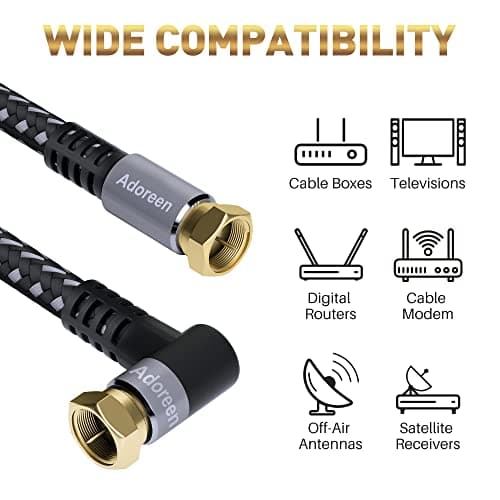 Adoreen Coaxial Cable 3 ft-2 Pack-Right Angle Quad Shielded 90 Degree RG6 Coax Cable Cord, Male F Gold-Plated Nylon-Braided, in-Wall, Digital TV Aerial AV with Angled Male to Female Adapter+15 Ties 5
