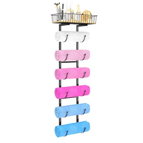 Simple Trending 7 Tier Towel Rack Organizer for Bathroom, Top Basket with Wood Shelf and Towel Organizer, Wall Mounted Towel Rack, Black