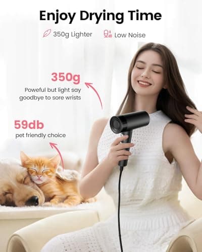 Dekuri Hair Dryer, 110,000 RPM High-Speed Fast Drying Blow Dryer, 200 Million Ionic Lightweight Hairdryer with Diffuser, Magnetic Nozzle, 4 Temps & 2 Speeds, Low Noise for Women & Men, Black 4