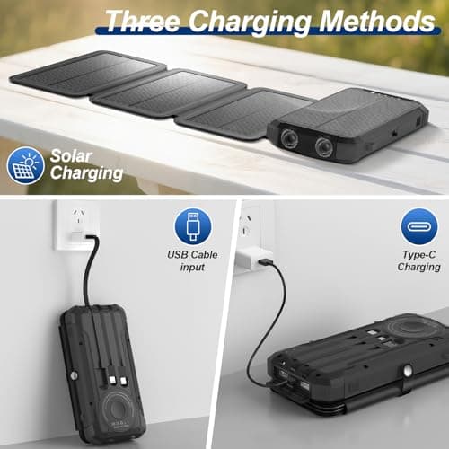Solar Power Bank 20000mAh Portable Charger Built-in 3 Cables and Wireless Charging Battery Pack Compatible for iPhone, Samsung, IPX5 Waterproof, Bright Flashlight Perfect for Camping,Hiking,Outdoor 10