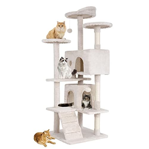 BestPet | 54" Cat Tree Tower | Beige | Sturdy, Easy to Assemble, Multi-Level Activity Center with Sisal Scratching Posts, Condos, Perches, Hanging Cat Toys, Observation Decks & Ladder