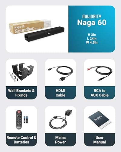Majority Bluetooth 120W TV Sound Bar for Smart TV, 24 Inch, 2.1 Channel, 3D Sound with Built-in Subwoofer | EQ Control, HDMI Arc, Optical, AUX, Remote, and Wall Mountable Naga 60 Soundbar for TV 7