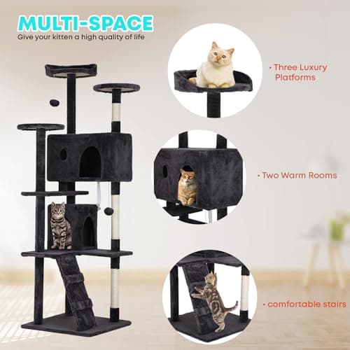 FDW | 70" Cat Tree Tower | Dark Gray | Multi-Level Indoor Activity Center with Sisal Scratching Posts, Condos, Plush Perches, Hanging Cat Toys | Sturdy, Easy to Assemble | for Kittens & Adult Cats 5
