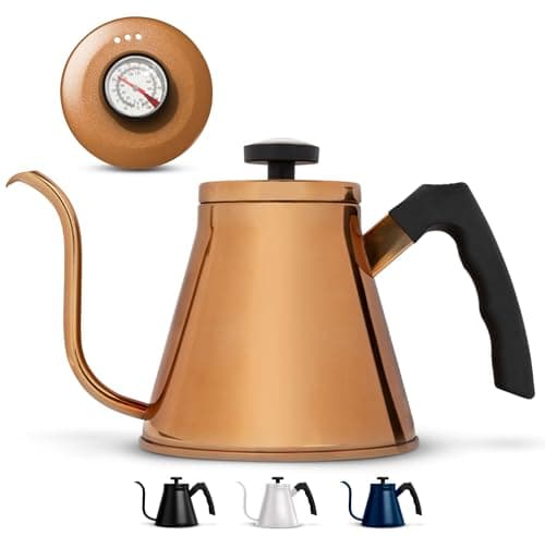 Kook Gooseneck Kettle, Kettle Stovetop, with Thermometer, Tea Pot, for Pour Over Coffee & Tea, Temperature Gauge, Electric, Compatible for Gas Stovetop, 3 Ply Stainless Steel Base, 27 oz, (Copper)