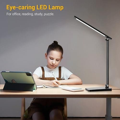 LED Desk Lamp for Home Office, 3 Levels Dimmable Desk Light with USB Charging Port, Small Study Lamp, Reading Light for Table, Black, 5000K 5