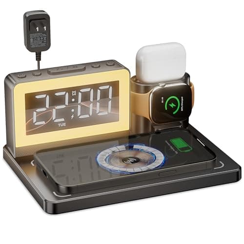YEAPOWER Wireless Fast Charging Station - 7 in 1 Alarm Clock with Wireless Charger Stand - Charging Dock for Apple,for Samsung Galaxy Multiple Devices - for iPhone Watch,for Airpods (Black)