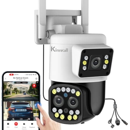 Kinnkall 6X Optical Zoom WiFi Outdoor Security Camera, 4MP PTZ Camera for Home, 2.4GHz Wireless Surveillance Camara with Mobile App/PC Access, Dual Display, Motion Tracking, SD/Cloud, 24/7，360° View