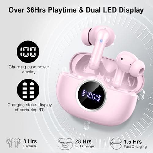 Wireless Earbuds, 2025 Bluetooth 5.4 Headphone 3D Bass Hi-Fi Stereo Ear Buds, 4 ENC Noise Cancelling Mic, 40H 3g USB-C in-Ear Earphone, IP7 Waterproof Workout Sport for Laptop Pad Android iOS, Pink 7