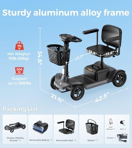 Paiseec S1 Mobility Scooter for Adults, Seniors - 25 Miles Range, 6 mph, Powered Mobility Scooter with Good Legroom, Large Wheels for Outdoor, Smart Safety Features, Headlight, Basket 7