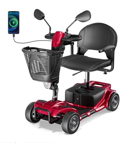 VOCIC 4 Wheel Mobility Scooter, Electric Powered Chargeable Electric Mobility Scooters, Heavy Duty Foldable Motorized Scooter with Headlight, Basket, Charger, D41 (Red)