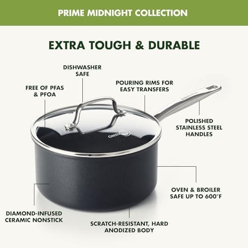 GreenPan Prime Chatham 1QT & 2QT Saucepan Pot Set with Glass Lids, Hard Anodized Diamond Infused Ceramic Nonstick, PFAS-Free, Dishwasher Safe, Oven Safe, Multipurpose Chefs Pan, Stay-Cool Handle,Black 4