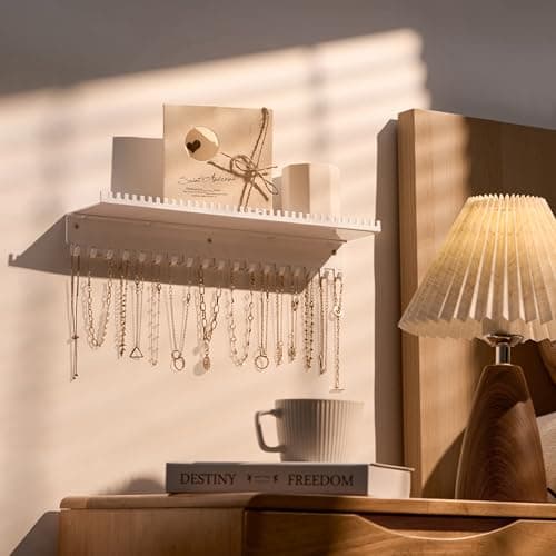 Josmimic Necklace Holder Wall Hanging Organizer: Wall Mounted Jewelry Shelf with 56 Hooks and Tray, Display Hanger for Kids, Girls and Women, White & Metal 8