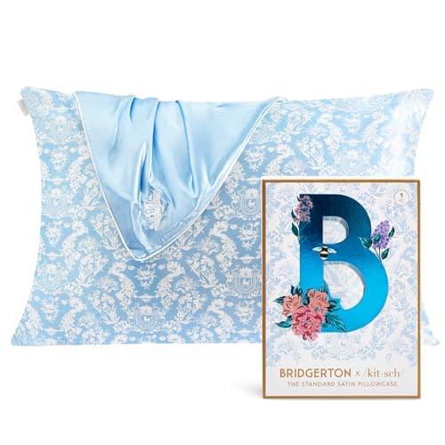 Bridgerton x Kitsch Satin Pillowcase with Zipper for Hair & Skin - Softer Than Silk Pillow Cases, Smooth Cooling Satin Pillow Case, Wrinkle-Free Pillow Cases Standard Size (19x26) - Toile De Blue