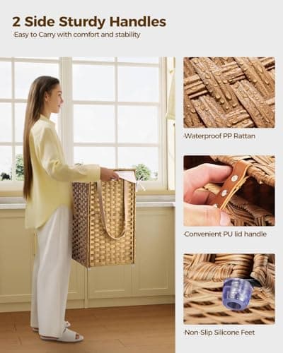 Greenstell Laundry Hamper with Wheels&Lid, 130L Large 3 Sections Clothes Hamper with 2 Types Removable Liner Bags, 5 Mesh Laundry Bags, Handwoven Divided Laundry Basket for Clothes, Natural 6