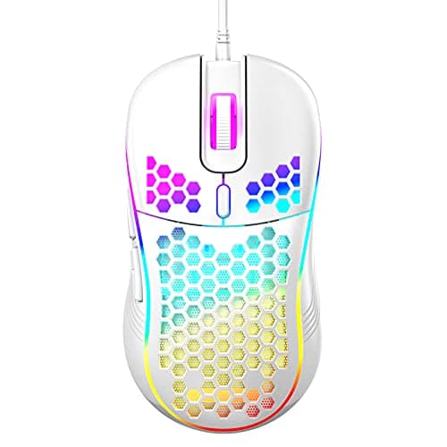 Techsea Honeycomb Wired Gaming Mouse with RGB On/Off Switch, 7200 Adjustable DPI, Ergonomic Lightweight Design & High Precision Sensor for PC/Mac Gamers (White)