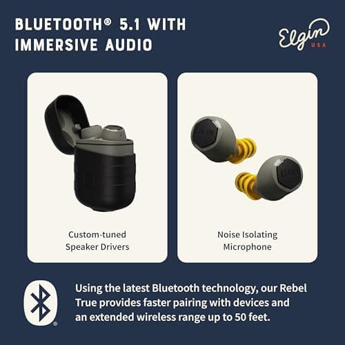 Elgin Rebel True Wireless Earbuds, 31 dB Noise Reduction Bluetooth Headphone, Noise Isolating Mic, 12+ Hour Battery Life, IP65 Water Resistant, OSHA Compliant Hearing Protection for Work 6