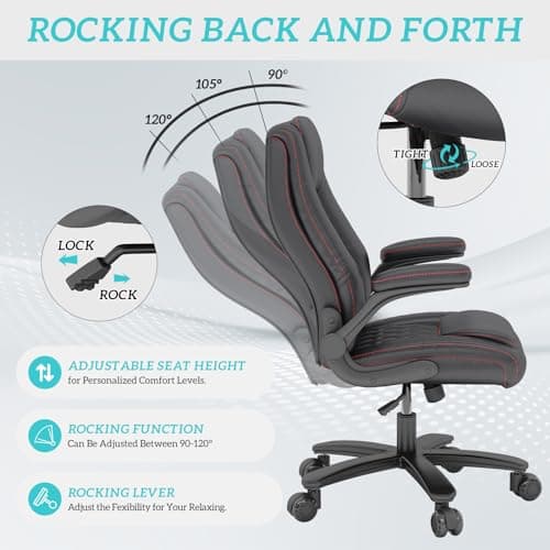 lavimiya Executive Office Chair with Rubber Wheels, Big and Tall Office Chair 400LBS, High Back Leather Computer Desk Chair with Flip-up Armrests and Lumbar Support, Black 7