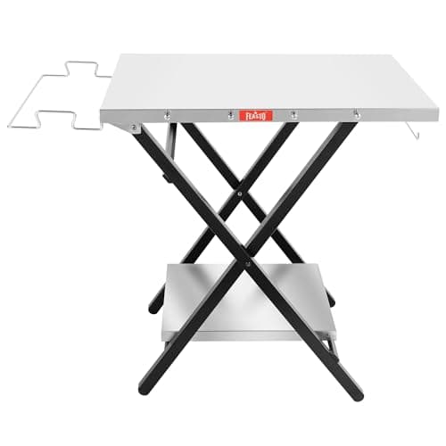 Feasto Outdoor Grill Table, Foldable Pizza Oven Stand & Griddle Stand with Garage Rack & Tissue Holder, Folding Outdoor Prep Table for Gathering and Party, 30" x 24", Stainless Steel