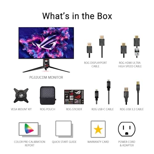ASUS ROG Swift 32” 4K OLED Gaming Monitor (PG32UCDM) - UHD (3840 x 2160), QD-OLED, 240Hz, 0.03ms, G-SYNC Compatible, Custom Heatsink, Graphene Film, 99% DCI-P3, True 10-bit, 90W USB-C 7