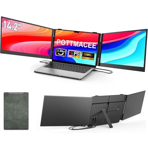 POTTMACEE 14.2’’ Triple Laptop Screen Extender, 0.17" Ultra-Slim FHD 1080P Portable Monitor for Laptop, Tri-Screen Travel Monitor Extender, Plug-Play for Windows/Mac/Chrome, Fit 13”-17.3” Laptops
