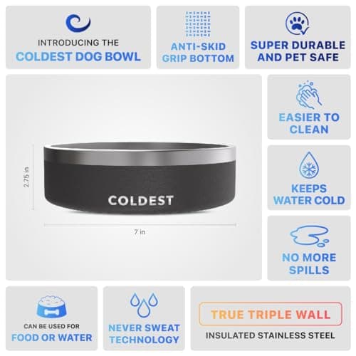 Coldest Dog Bowl - Anti Rust Metal, Non Slip, 3 Layers Insulated Stainless Steel Dog Bowls - Spill Proof & Heavy Duty - Water Bowl for Dogs, Cats & Pets, Dish Washer Safe (42 oz, Stealth Black) 5