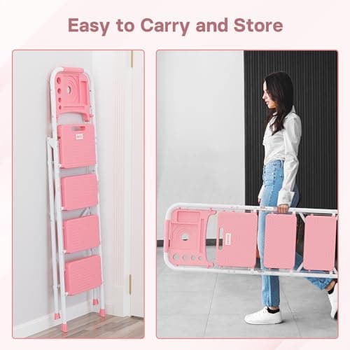 BONTEC 4-Step Ladder, 400lbs Max Load, Folding Step Stool with Tool Tray, Anti-Slip Pedals, Sturdy Steel, Lightweight Portable Ladder with Handrail for Home & Work Use, Pink 7