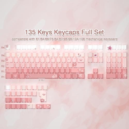 Tsungup PBT Keycaps Cherry Blossom Keycap Set - Custom Side Print Pink Keycaps,135 Keys Gradient DoubleShot Sakura Key caps Cherry Profile Keyboard Key caps for Mechanical Keyboards 6