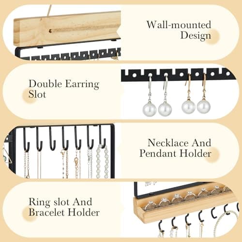 Feyejade Hanging Jewelry Organizer, 5-Tier Wall Earring Holder with Wooden Ring Groove, Jewelry Rack Wall Mounted for Earrings, Necklaces, Bracelets and Rings, Jewelry Holder Stand, Black 5