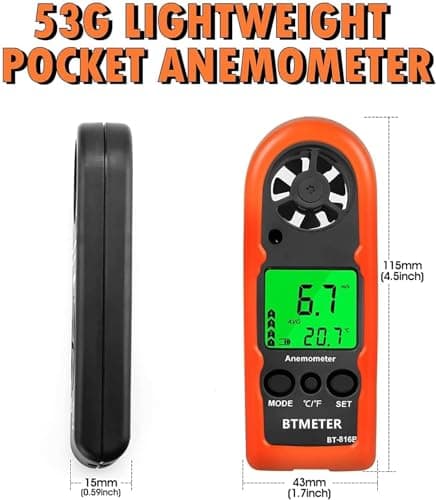 BTMETER Anemometer Handheld Wind Speed Meter, BT-816B Mini Digital Air Flow Meter with LCD Backlight/Wind Chill & Temp, Max/Avg/Current Mode to Measure Air Flow Velocity for Sailing Drone Golf HVAC 5