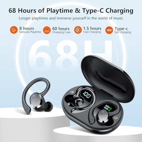 sprtoybat Wireless Earbuds, 2026 New Bluetooth 5.4 Headphones Sport Earphones with 68Hrs Playtime LED Display ENC Noise Cancelling Mic, IPX7 Waterproof Over Ear Ear Buds with Hook for Sports/Running 6