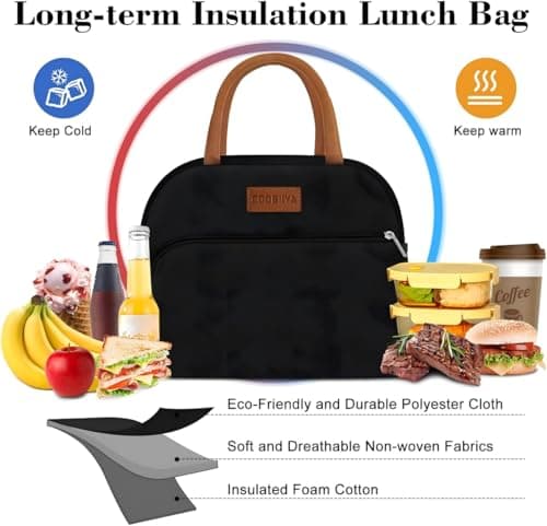 Coobiiya Lunch Box Lunch Bag for Women Men,Reusable Cute Lunch Pail bag,Leakproof,Insulated LunchBox Tote Compact 10L, Cooler Lunch Container for Work Travel Office (Black) 5
