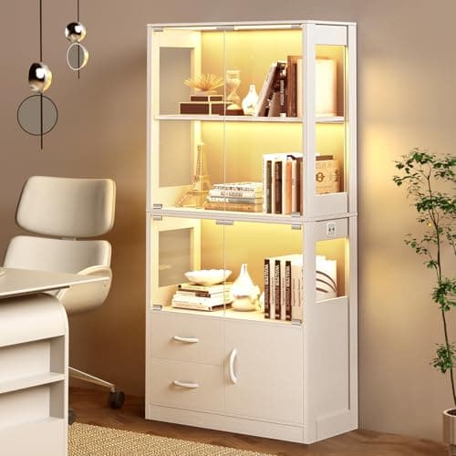 Eclathome Display Cabinet with Glass Doors, 4-Tier Display Case with 3-Color Lights & Human Body Sensor, Storage Cabinets with 3 Shelves & 2 Drawers for Collectibles/Living/Dining/Game Room, White 6