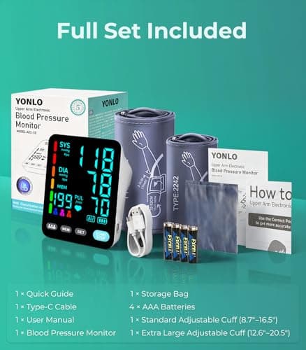 YONLO Blood Pressure Monitor, Automatic Upper Arm Blood Pressure Monitors for Home Use, 2 Blood Pressure Machine Cuff(9-17in & 13-21in) with Large LED Backlit Display, 3x199 Reading Memory Users White 8