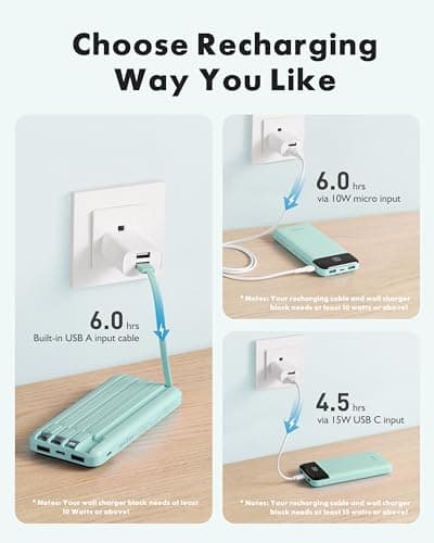 charmast Portable Charger with Built in Cables, Power Bank with Cords Wires, Slim 10000mAh Travel Battery Pack 6 Outputs 3 Inputs 5A Fast Charging for Samsung Google Pixel LG Moto iPhone iPad 6
