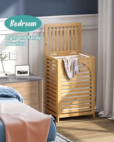 Laundry Hamper, 22.5 Gallon (85L) Bamboo Wood Clothes Laundry Basket with Lid and Handles, Removable Liner (Natural, Large) 7