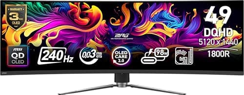 msi MPG 491CQPX QD-OLED 49-inch QD-OLED 5120 x 1440 (DQHD) Computer Monitor, 240Hz, Adaptive-Sync, HDMI, Display Port, VGA Port, VESA Mountable, Tilt, Height Adjustable, Speaker, 0.03ms, Black