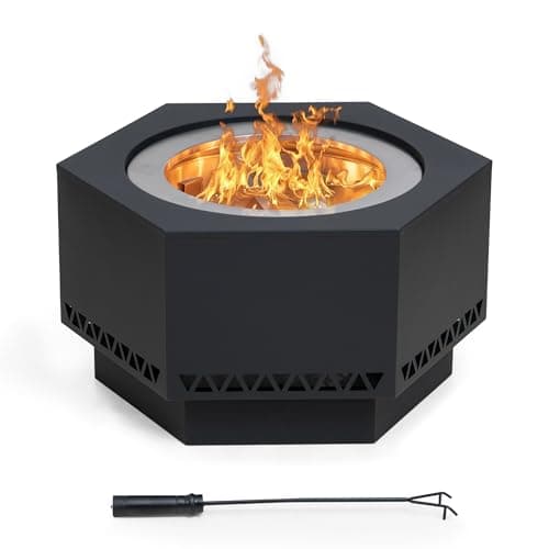 Sunjoy Fire Pit Smokeless 26 in. Hexagonal Outdoor Fire Pit, Patio Wood Burning Smokeless Firepit w/PVC Cover and Fire Poker, Ideal for Camping, Bonfire, and Backyard, Black