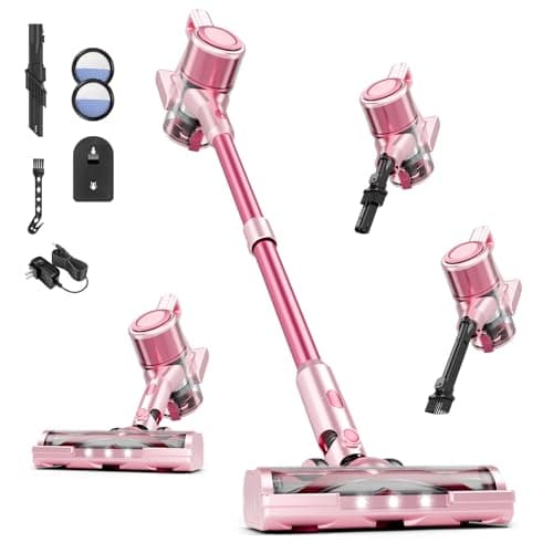 Vaconly Cordless Vacuum Cleaner, 38Kpa Powerful Stick Vacuum Cleaner with 45mins Rechargeable Battery, LED Anti-Tangle Brush, 8-in-1 Handheld Vacuum Cleaners for Home/Pet Hair/Carpets/Floors, Pink