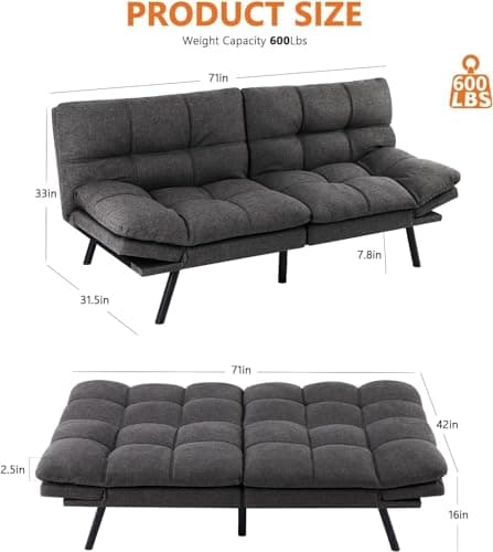 Sweetcrispy Sofa Couch, Futon Sofa Bed, Loveseat Sleeper Futon for Living Room, Foldable Memory Foam Furniture, Convertible Full Size Sofa, Adjustable Backrest and Armrests, Linen, Grey 5
