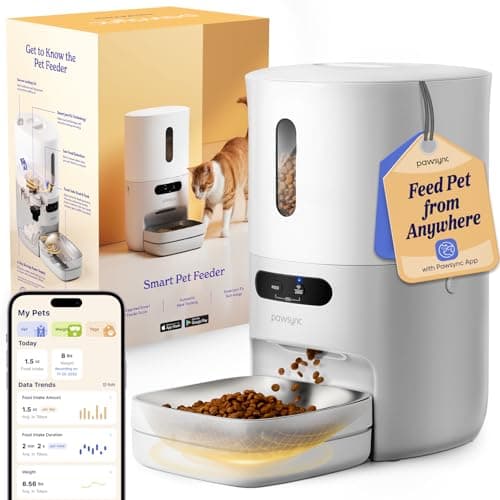 Pawsync Automatic Cat Feeder, WiFi Smart Scale Tracks Pet's Food Intake, App Control, 3.6L Timed Food Dispenser for Cats and Dogs, Up to 10 Meals Per Day, Stainless Steel Bowl, Dual Power Supply