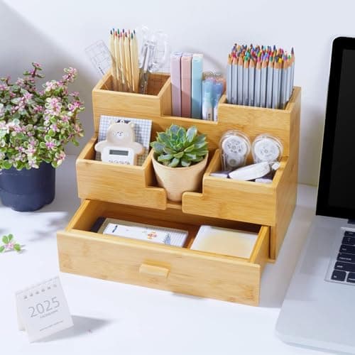 Charmlife Bamboo Desk Organizer - Makeup & Pen Storage with Drawer & Pencil Holder for Office Organization 6