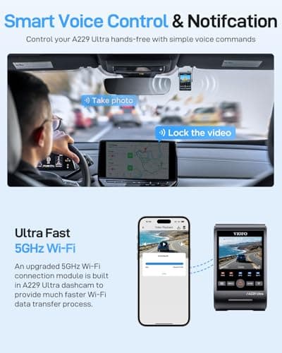 VIOFO A229 Ultra 3 Channel Dash Cam, Dual 4K + 1080P, 210° Fisheye Cabin Car Camera, Triple STARVIS 2 Sensors with Dual 4K HDR, Faster 5GHz Wi-Fi & GPS, Smart Voice Control, Super Night Vision 2.0 7
