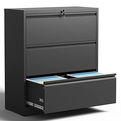 IKIMI 3 Drawer Lateral File Cabinets with Lock,Metal Lateral Filing Cabinet for Home Office,Wide Steel Storage Cabinet Commercial Drawer Cabinets for Legal/Letter/A4 Size Files Assembly Required