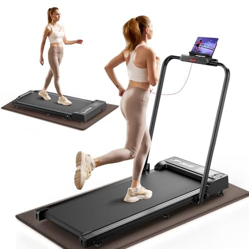 Foldable Walking Pad with Handle Bar, 2.5HP Folding Treadmill with Gym Mat 6.2MPH Under Desk Walking Pad Treadmill for Home Office with Touch Control Remote Control (Black Treadmill with Handle Bar)