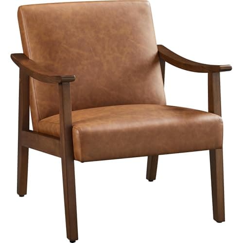 Yaheetech PU Leather Accent Chair, Mid-Century Modern Armchair with Solid Wood Legs, Reading Leisure Chair with High Back for Living Room Bedroom Waiting Room, Brown
