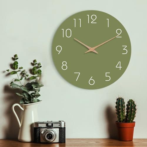 Mosewa Modern Wall Clock - Silent Non-Ticking 8 Inch Wall Clocks Battery Operated Simple Minimalist for Living Room Office Bedrooms Kitchen Home Decor(Olive Green) 8