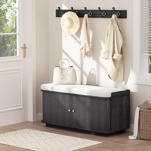 AKMAKM 39.4" Shoe Storage Bench Dark Grey | Entryway Storage Bench with Sliding Doors, Padded Cushion & 5 Metal Wall Hooks for Hallway, Living Room