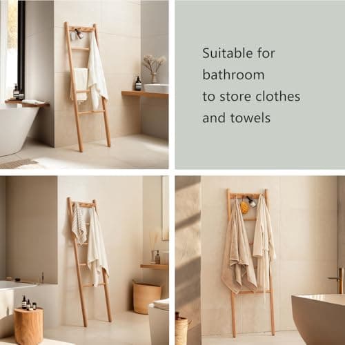 Yaochuforest Beech Wood Blanket Ladder, 5.3ft Natural Farmhouse Quilt Holder with Top Hooks, 4-Bar Decorative Throw Rack, Towel Shelf for Living Room, Bedroom, Small Space Storage (Natural) 6