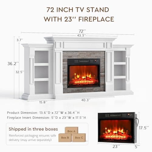 LGHM 72" Electric Fireplace with Mantel, Fireplace TV Stand for TVs Up to 80 Inch, Modern Entertainment Center with Storage, Fireplace Heater Insert with Realistic 3D Flame for Living Room, Bedroom 8